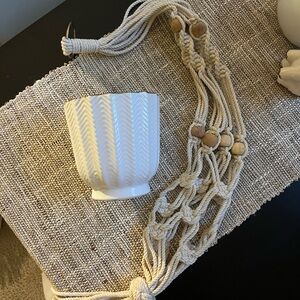 White Textured Planter with Macrame Hanger